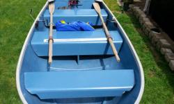12 foot Sears Gamefisher aluminum boat in good condition. Fits on roof rack or in back of truck, measures 51 inches across at widest point. Comes with oars, 40 lb thrust Minn Kota Endura motor, Kirkland battery with box, scotty rod holders and 2 life