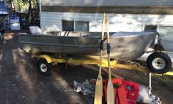 12 foot aluminum boat with trailer complete with oars and lifejackets. Comes with canvas cover. No leaks, very stable. Used numerous times last season with great success. Moved to larger boat.