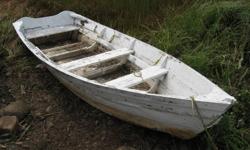 Bottom 1/2 of boat has been glassed and a lot of wood replaced (ribs, transom, inner brace and outer top trim).  Good stable boat...heavy as hell.  Boat is in hard shape.  It will need lots of repairs.  1 cent OBO
Also, suitable for bonfire.