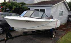 Selling my 14' K&C Thermoglas boat, on a roadworthy Ubilt and papered trailer, good wheels and lights, bearing buddies. Hull in great shape, walkthru windshield (middle panel is plexiglass). Floor and transom rock are solid, with a very nice kicker