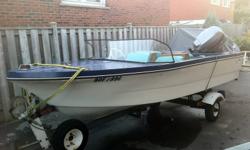 This 14ft. fiberglass boat comes with:
seating for four, lines hook ups for steering, fuel and throttle control,  carpeted, fish finder accessories ( sorry can not find fish finder unit, but it will be a bonus if I ever do find it )
- a late 1990's