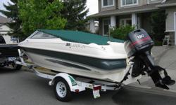 Like new, garage kept. Johnson 130HP Outboard, Teflon coated stainless steel prop, depth sounder, dual cable steering, swing tongue. Seats 9. Sun roof (white) tonneau covers (green) plus more