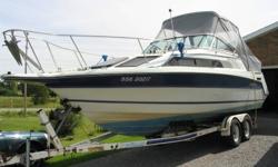 Very well maintained 26' cruiser, 8' 6" beam, 5.7L. 250 hp Mercruiser, v-berth and aft cabin sleep 2 each, 2burner electric/alcohol stove, AC/DC frig., galley sink, fresh water tank, porti-potty with pumpout, sink in head, am-fm stereo cassette, VHF radio