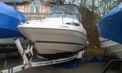 Here is a great mid-sized cabin cruiser with an aft cabin, has large galley, with sink,stove an fridge hot/cold running water, seperate head, large V-birth, transom shower with hot/cold water, full camper top, swim ladder, V-8 Mercruiser Alpha 1 Gen II