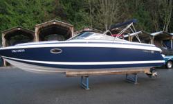 2001 Cobalt 263 (highest ranking builder with JD Power & Associates)
beautiful, classic lines, beam of 8'6" giver her a very smooth ride; aslo quite fast!!! almost 60 mph thank to her 496 MAG/HO/BRAVO III (425 php) Mercruiser.
Navy and white hull with