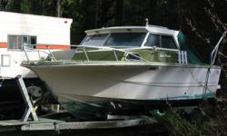 Great West Coast Boat.
350 Chev. motor.
280 Volvo leg.
9.9 High Thrust Johnson 4 stroke with electric start.
Galvanized tandem trailer.
Slope back cover.
Can stand under hard top.
Needs some TLC.