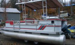 1990 Aqua Patio pontoon boat, with 30 hp Yamaha.
Nice riding comfortable boat;canopy, ladder, jackets, swimdeck on front, sundeck on the back, good on gas. Built in gas tank. Furniture has usual wear. Have a new captain seat not shown in pics. Floor and