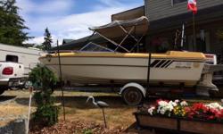 Has a bimini top, opening in the windshield, kicker bracket,
fish finder, shore radio, power trim, 100 horse Johnson, new
battery, and is in good shape for a 70s' watercraft. Trailer has
papers.
I am in Duncan.
No lowballs as this is definitely a good