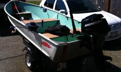 Cherry condition LUND 12' double riveted (not a car topper!) with a 2011 Mercury 8HP fourstroke. Boat Trailer included, it has an adjustable cradle, rollers, and adjustable post. Boat comes with manual downrigger and rod holders. excellent salmon or trout