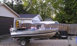 Forsale 14 ft aluminum boat with front steering seats four people bildge pump and lights.Electric start 25 hp johnson motor and new  yacht club trailer .Paddles and some safety equipment with boat. 2500.00