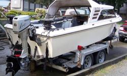 18' Cal Glass
4 cyl. Mercury Alpha 2 inboard/outboard
New carb, manifold, steering system, upholstry, trim tab pump
 
Comes with
- 8 HP Honda 4-stroke long-leg kicker
- Two 60" telescopic Scotty electric downriggers
- Lowrance GPS chart plotter/depth