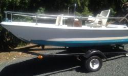 Boston whaler shaped 11' boat , has 2 upright seats, electric start console steering, 25hp Mercury 2 stroke motor, includes live bait tank, electric bail pump, also includes trailer, in good condition, easy enough to handle for 1 person, light for towing,