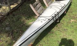 Current Designs Caribou Kayak
Kevlar construction - light and strong
46 lbs
Length = 17' 3" Beam = 21.5"
Year = 2001
Full specs and info at
https://cdkayak.com/Kayaks.aspx?id=6
Two hard hatches
Retractable Skeg
Cockpit cover and spray skirt
The boat is