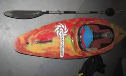 This is an older Dagger Centrifuge. Good starter package. Comes with 230cm Paddle and Large size "Brooks" sprayskirt. Some scratches on the bottom but good solid boat. no leaks. Spray skirt only used once ( Brand new condition) paddle used about 3 times.