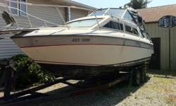 Interesting trades considered. going in storage end of september, 24'5
GREW 1988 260 hp merc in/outboard with only 800+ hours. Comes with everything, full dinnette kitchen turns into very spacious bedroom with additional bed beneath the gally inc,