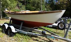 LOA : 17'3
LWL : 14'
Bean : 5'10
Displ. 2000 lbs
Full keel with 900lbs lead ballast
Features / what's included:
* Fibreglass hull and aluminum mast
* Teak, Ash and Mahogany sheer planks, coamings, rudder, helm, and toe
rails (coaming needs replacing, and