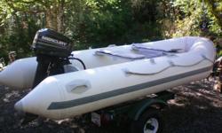 -3 year old Z-ray 500 inflatable. No leaks/patches/. Sturdy, stable performer. Some discoloration/stains. Comes with bumpers/heavy duty hand pump/seat cushions/sparepatches
One oar missing.
-1994 mercury 2-stroke manual star longshaft motor with