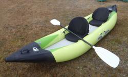 Aqua Marina 13'1" Inflatable Kayak, double, NEW
High Quality PVC tube construction
Rigid Air Floor
397lb Capacity
4 Air Chambers with Recessed Valves
Hand Pump with Pressure Gauge
Removable Seats
Skeg
Patch Kit & Carry Bag
2 Two Piece Paddles - come apart