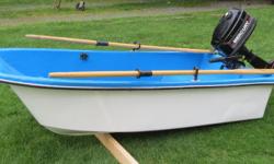 Livingston dinghy, 7 ft., perfect condition. Includes 4 hp single cylinder Merc with internal fuel tank; no need for gas tank and fuel line. Comes with 7 ft. oars and Scottie oarlocks. Great lake boat or as a tender. Ready to start fishing! $950 obo
