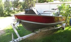 very nice shape boat, very nice shape Honda 4 stroke 25 hp , and easy load trailer c/w oil lubricated hubs needs no greasing . All in great shape was $12,000 new. Not used a lot , includes 3 plush seats with back rests and paddles . Synthetic oil always