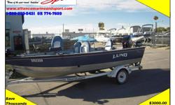 Buy with confidence and save thousands. 
Don't miss this Alliance Certified Pre-owned Boat pkg. with Warranty. 1996 Lund Lund 1700 Pro Angler , 2004 Mercury 75 elpto, Shorelander Trailer , wave wackers, min kota, onboard charge extra seats and mooring