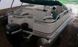 A beautiful pontoon set up for fishing witn a seat in each corner with options as follows, 4 fishing seats inside the play pen, built in fuel tank, change room, stereo/cd, live well, bimini top,etc. Package c/w 60hp 4-stroke Mercury motor, and a Yacht