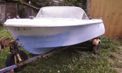 14ft Thermocraft fiberglass boat , light blue in color , hull good, floatable. Does NOT have a motor, takes outboard type. has steering wheel, and seats are very good shape. Comes with trailer, Trailer is not insure-able as is, have no papers for