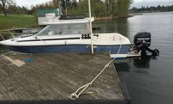 I am the second owner of this 1986 21' bayliner trophy. It was garage kept in the winter until I bought it 3 years ago. The Alaskan bulkhead is great for kids and keeping out of the weather. The kicker is a 2006 mercury 9.9 4 stroke with prop guard that