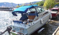 Fully equipped for overnight boating in comfort. Full galley. Private forward berth. Stand up head. Windlass. Kicker bracket.;Upholstery,Teak, full standup canvas and all equipment in very good condition. 350 gm with mercruiser leg. Very nice tandem axle