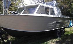 Classic 25ft cruiser/fishing boat.All ALUMINUM riveted .Hull &top in ex.cond.Motor&interior need work.Great project boat,can be podded easily.I was going to make it a dive boat.Tandem axle trailer in great cond.Must sell cheap due to illness.250 686 7949