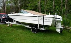 Motor 115 H.P. Evinrude. Runs fine, but needs tune up, nothing major. Has working tilt and trim. Has Electric Start and Controls.
Boat is very clean, no leaks, very solid. Inside, seats are in good condition except for some rips. All lights work.
Trailer