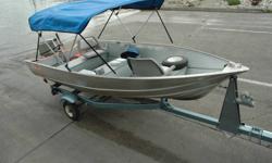 motor is a 1998. 2 Swivel seats with backs, anchor, new fenders, flat floor. New Sunbrella bimini with boot (cover). Trailer with new wiring and lights, spare tire, trailer also tilts. Gas tank and hose. New wheel jack.
Very good condition. Gregor
