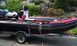 Mint, Zodiac Mr.III Futura, 16'
Complete with:
Yamaha 40hp, (Less than 100 hr. on motor) manual start
Highliner Galvanized Trailer, with full length keel rollers and extended reach for ease of launching.
Console, steering and controls, 4 gas tanks and a